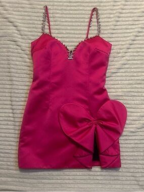 AREA Hot Pink Satin Mini Dress with Heart Bow & Rhinestone Straps
